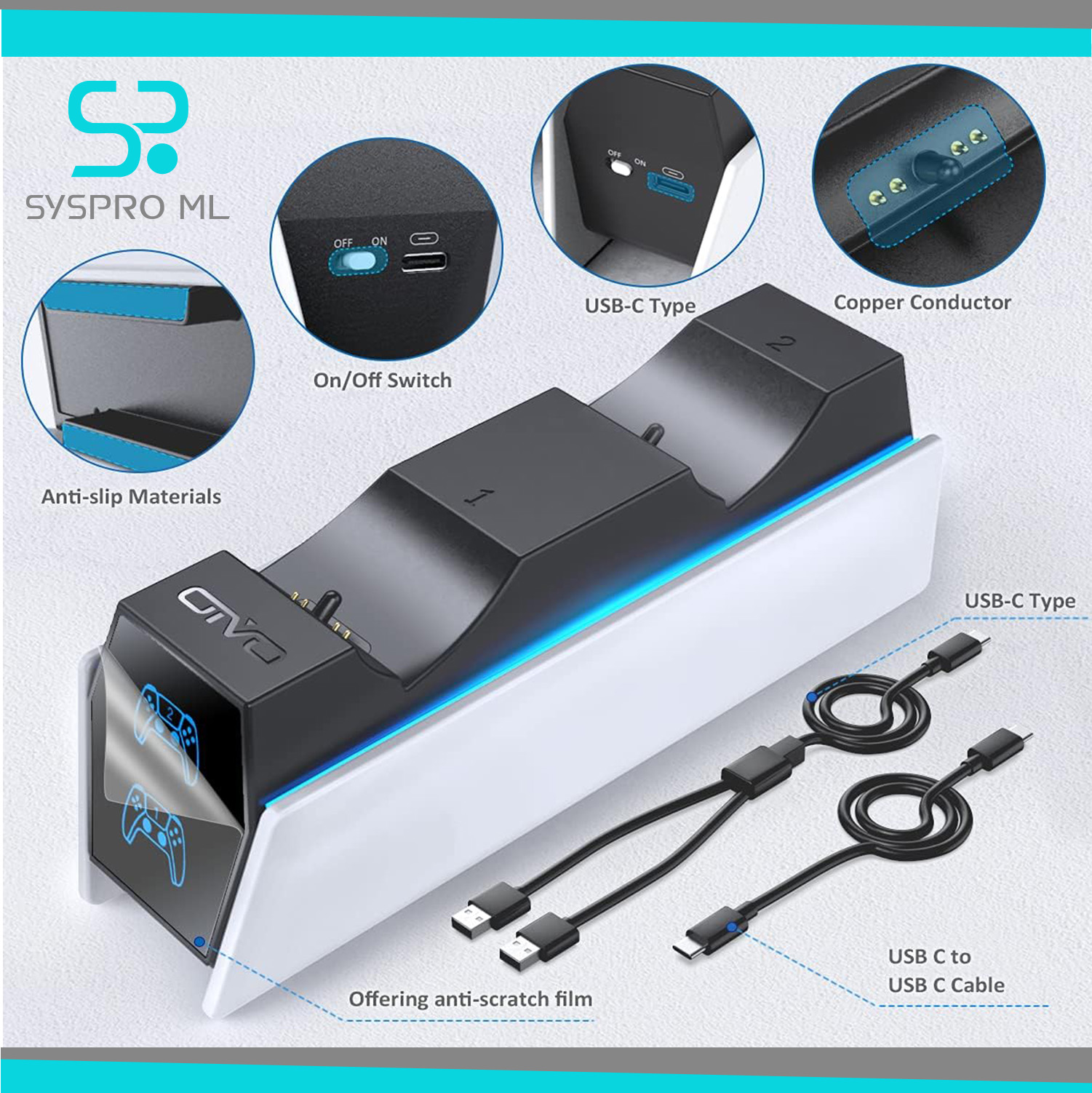 Cargador para controles PS5 DualSense con indicadores LED - Imagen 3