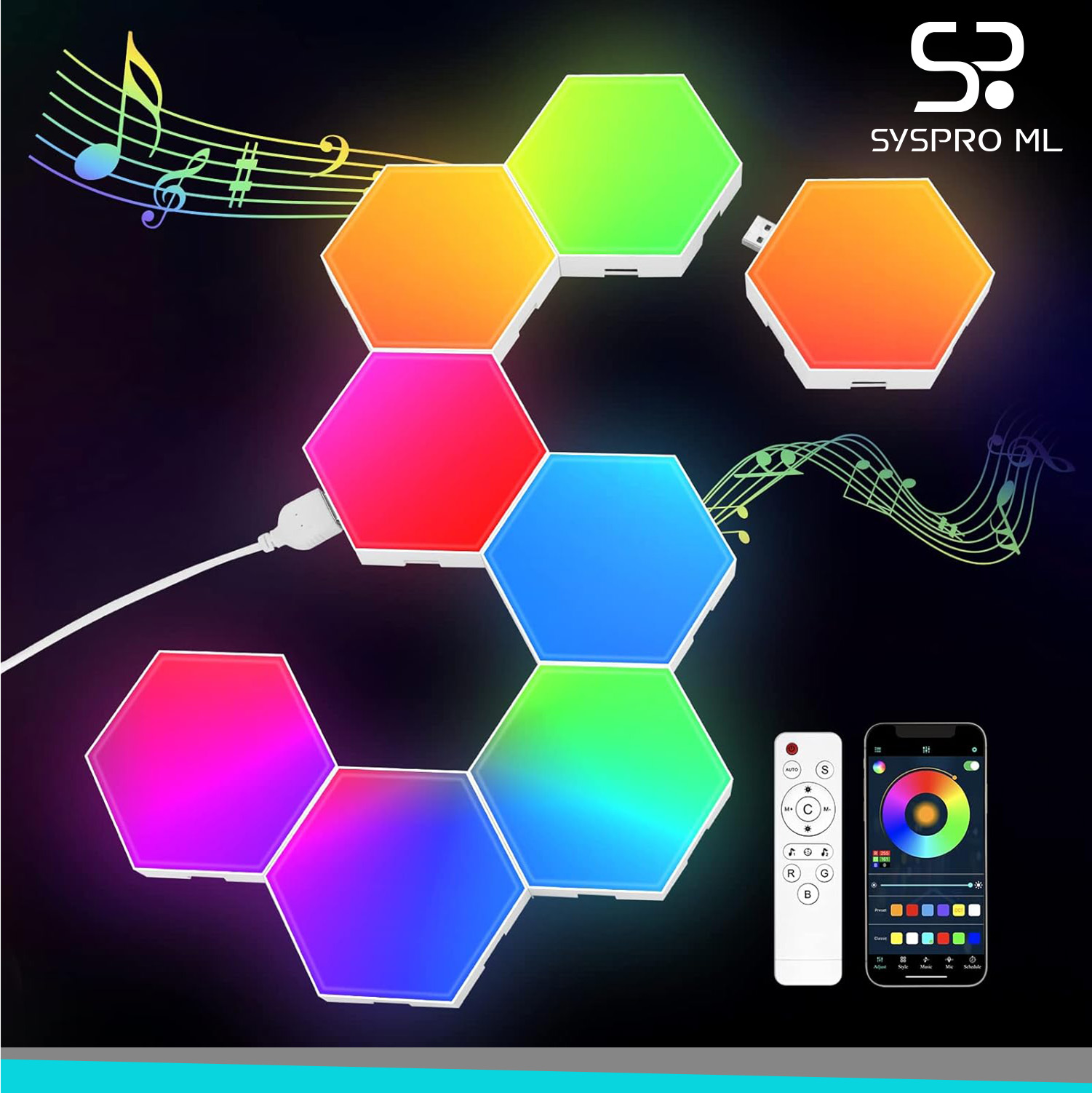 Paneles LED Hexagonales RGB (8 piezas) – Sincronización Musical, App y Control Remoto.