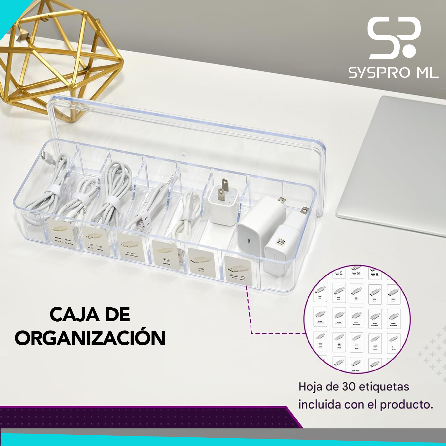 Set de 3 Cajas Organizadoras de Cables con Etiquetas – Apilables, con Tapas y Divisores Ajustables.