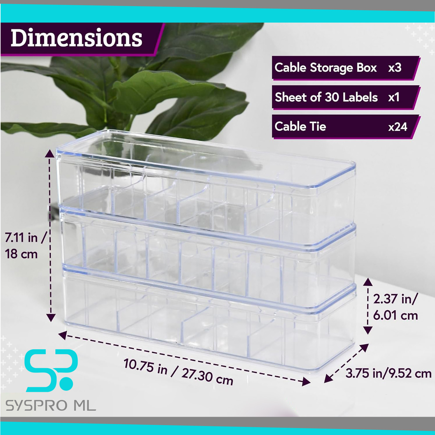 Set de 3 Cajas Organizadoras de Cables con Etiquetas – Apilables, con Tapas y Divisores Ajustables. - Imagen 3