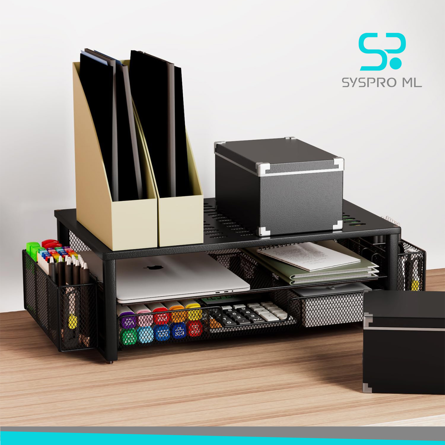 Organizador de Escritorio gianotter con Cajón y Porta Bolígrafos – Negro.