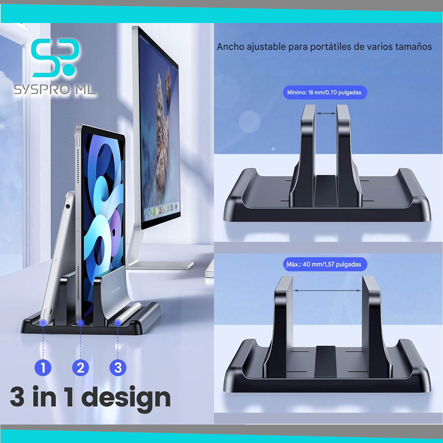 Soporte vertical 3 en 1 para laptop, tablet y teléfono - Imagen 3